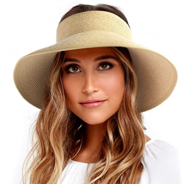FURTALK Women's UV Protection Wide Brim Straw Sun Visor Hat - Packable & Stylish