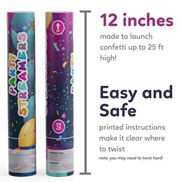 No Mess Streamer Confetti Cannon Party Poppers | 6 Pack | Multicolor Streamers | Glitter Bomb Confetti Shooters | Decoration for Birthday, Wedding | Launches 25 ft | 12 inch | TUR Party Supplies
