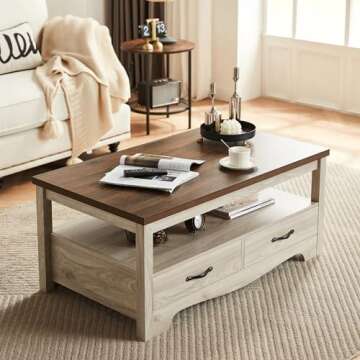 LINSY HOME Farmhouse Coffee Table with Storage, Wood Coffee Table for Living Room, Open Display Area...