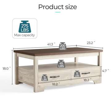 LINSY HOME Farmhouse Coffee Table with Storage, Wood Coffee Table for Living Room, Open Display Area and Storage Drawers with Metal Handles, Chic Style with Curved Base. Oak and Brown