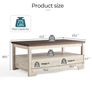 LINSY HOME Farmhouse Coffee Table with Storage, Wood Coffee Table for Living Room, Open Display Area and Storage Drawers with Metal Handles, Chic Style with Curved Base. Oak and Brown