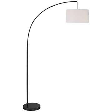 360 Lighting Cora Mid Century Modern Arc Floor Lamp 72" Tall Black Metal White Linen Fabric Drum Sha...