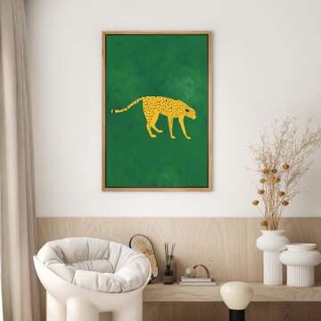 SIGNWIN Framed Canvas Print Wall Art Preppy Room Decor African Cheetah Cat Green Background Nature Wilderness Drawings Boho Chic Animals Colorful for Living Room, Bedroom, Office - 24"x36" Natural