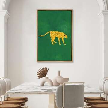 SIGNWIN Framed Canvas Print Wall Art Preppy Room Decor African Cheetah Cat Green Background Nature Wilderness Drawings Boho Chic Animals Colorful for Living Room, Bedroom, Office - 24"x36" Natural