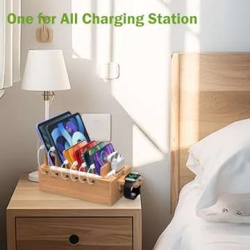 Pezin & Hulin Bamboo Charging Station for Multiple Devices with 5 Port USB Charger, 5 Cables and Watch Stand. Wood Desktop Docking Stations Organizer for Cell Phone, Tablet, Watch, Office Accessories
