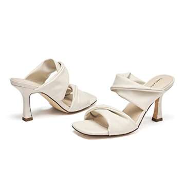 SelenePair Women's Square Open Toe High Heeled Sandals Fashion Stiletto Heel Pumps Backless Peep Toe Slip-on Dress Shoes(Beige PU, Numeric_8)