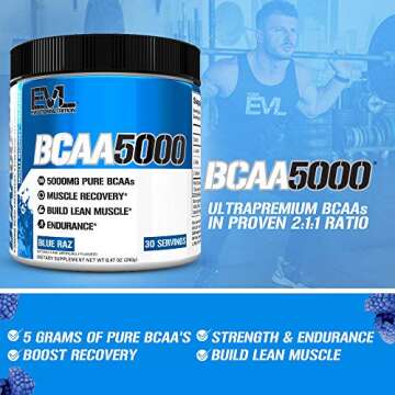 Evlution EVL BCAAs Amino Acids Powder - BCAA Powder Post Workout Recovery Drink and Stim Free Pre Workout Energy - 5g Branched Chain Amino Acids Supplement for Men - Blue Raz