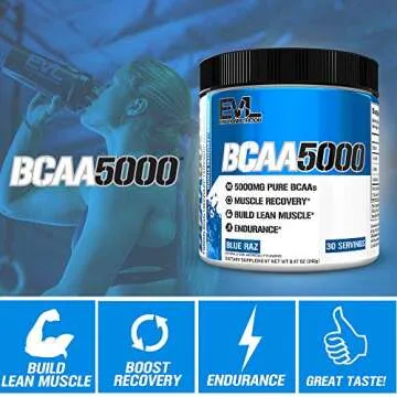 Evlution EVL BCAAs Amino Acids Powder - BCAA Powder Post Workout Recovery Drink and Stim Free Pre Workout Energy - 5g Branched Chain Amino Acids Supplement for Men - Blue Raz
