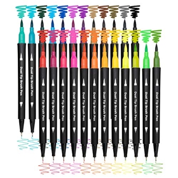 Piochoo Dual Brush Marker Pens,24 Colored Markers,Fine Point and Brush Tip for Kids Adult Coloring B...