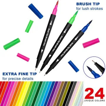 Piochoo Dual Brush Marker Pens,24 Colored Markers,Fine Point and Brush Tip for Kids Adult Coloring Books Bullet Journals Planners,Note Taking Coloring Writing