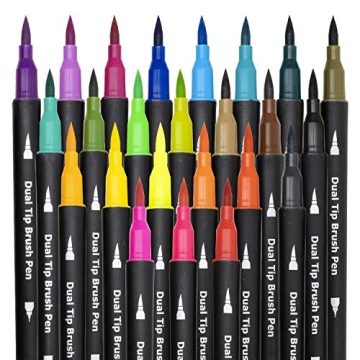 Piochoo Dual Brush Marker Pens,24 Colored Markers,Fine Point and Brush Tip for Kids Adult Coloring Books Bullet Journals Planners,Note Taking Coloring Writing