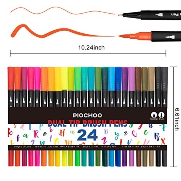 Piochoo Dual Brush Marker Pens,24 Colored Markers,Fine Point and Brush Tip for Kids Adult Coloring Books Bullet Journals Planners,Note Taking Coloring Writing