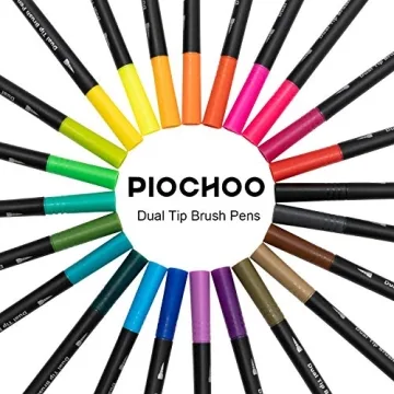 Piochoo Dual Brush Marker Pens,24 Colored Markers,Fine Point and Brush Tip for Kids Adult Coloring Books Bullet Journals Planners,Note Taking Coloring Writing
