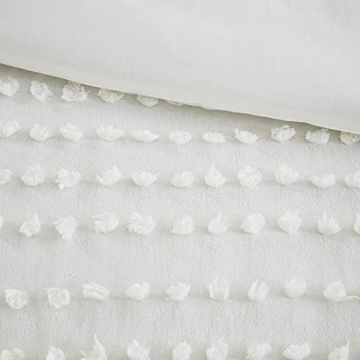 Comfort Spaces Cotton Comforter Set Jacquard Pom-Pom Tufts Design, Down Alternative, All Season Modern Bedding, Matching Shams, Full/Queen, Phillips, Ivory