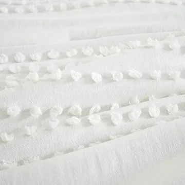 Comfort Spaces Cotton Comforter Set Jacquard Pom-Pom Tufts Design, Down Alternative, All Season Modern Bedding, Matching Shams, Full/Queen, Phillips, Ivory