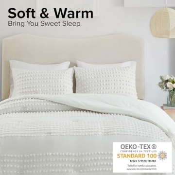 Comfort Spaces Cotton Comforter Set Jacquard Pom-Pom Tufts Design, Down Alternative, All Season Modern Bedding, Matching Shams, Full/Queen, Phillips, Ivory