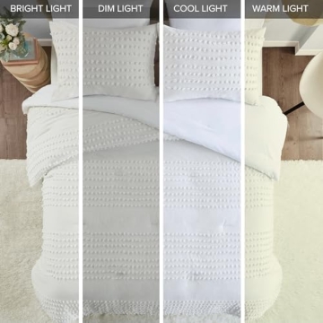 Comfort Spaces Cotton Comforter Set Jacquard Pom-Pom Tufts Design, Down Alternative, All Season Modern Bedding, Matching Shams, Full/Queen, Phillips, Ivory