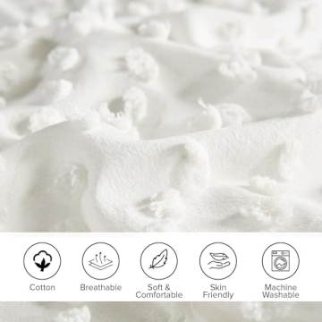 Comfort Spaces Cotton Comforter Set Jacquard Pom-Pom Tufts Design, Down Alternative, All Season Modern Bedding, Matching Shams, Full/Queen, Phillips, Ivory