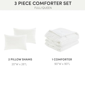 Comfort Spaces Cotton Comforter Set Jacquard Pom-Pom Tufts Design, Down Alternative, All Season Modern Bedding, Matching Shams, Full/Queen, Phillips, Ivory