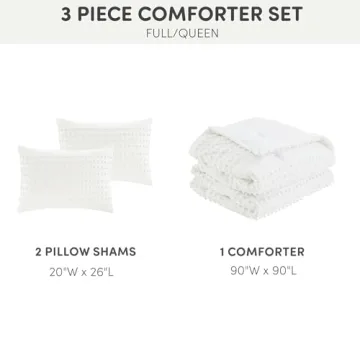 Comfort Spaces Cotton Comforter Set Jacquard Pom-Pom Tufts Design, Down Alternative, All Season Modern Bedding, Matching Shams, Full/Queen, Phillips, Ivory
