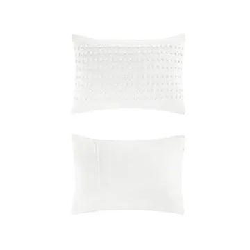 Comfort Spaces Cotton Comforter Set Jacquard Pom-Pom Tufts Design, Down Alternative, All Season Modern Bedding, Matching Shams, Full/Queen, Phillips, Ivory