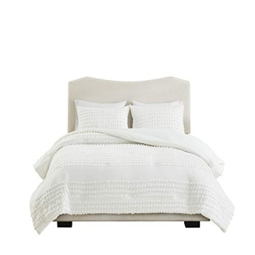 Comfort Spaces Cotton Comforter Set Jacquard Pom-Pom Tufts Design, Down Alternative, All Season Modern Bedding, Matching Shams, Full/Queen, Phillips, Ivory