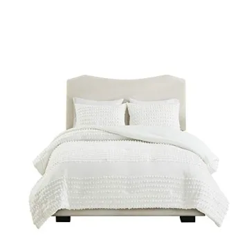 Comfort Spaces Cotton Comforter Set Jacquard Pom-Pom Tufts Design, Down Alternative, All Season Modern Bedding, Matching Shams, Full/Queen, Phillips, Ivory