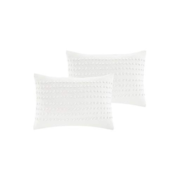 Comfort Spaces Cotton Comforter Set Jacquard Pom-Pom Tufts Design, Down Alternative, All Season Modern Bedding, Matching Shams, Full/Queen, Phillips, Ivory