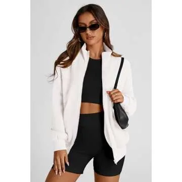 PRETTYGARDEN Women's 2025 Spring Fall Fashion Full Zip Up Sweatshirt Long Sleeve Loose Fit Trendy Casual Jacket with Pockets (Beige White,Medium)