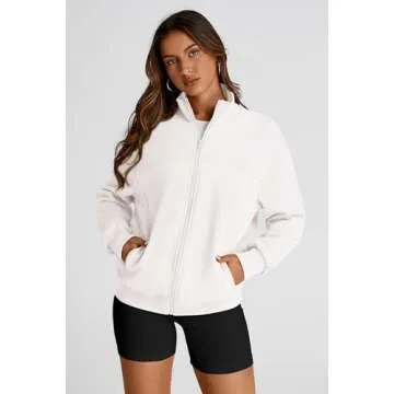 PRETTYGARDEN Women's 2025 Spring Fall Fashion Full Zip Up Sweatshirt Long Sleeve Loose Fit Trendy Casual Jacket with Pockets (Beige White,Medium)