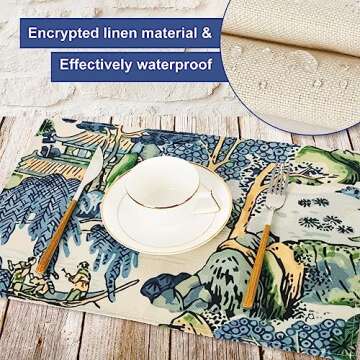 AnyDesign Chinoiserie Placemats Asian Scenic Blue and Kelly Green Table Mats Washable Farmhouse Oriental Place Mats for Home Kitchen Dining Table Decoration, 12 x 18 Inch, 4Pcs