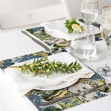 AnyDesign Chinoiserie Placemats Asian Scenic Blue and Kelly Green Table Mats Washable Farmhouse Oriental Place Mats for Home Kitchen Dining Table Decoration, 12 x 18 Inch, 4Pcs