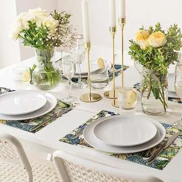 AnyDesign Chinoiserie Placemats Asian Scenic Blue and Kelly Green Table Mats Washable Farmhouse Oriental Place Mats for Home Kitchen Dining Table Decoration, 12 x 18 Inch, 4Pcs