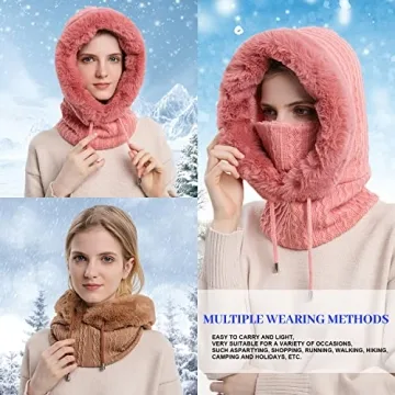 Women Winter Fleece Balaclava Beanie Hat Scarf Set