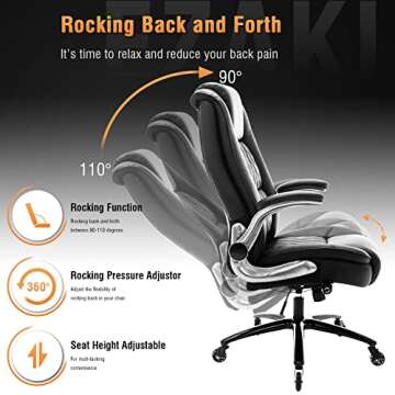 High Back Office Chair- Flip Arms Adjustable Built-in Lumbar Support, Executive Computer Desk Chair Work Chairs, Thick Padded Strong Metal Base Quiet Wheels, Ergonomic Design for Back Pain