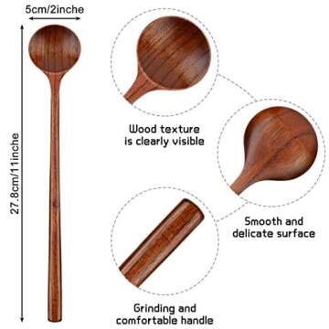 Patelai 6 Pcs 11 inch Long Spoons Wooden Long Handle Round Spoons Korean Style Soup Spoons for Soup ...