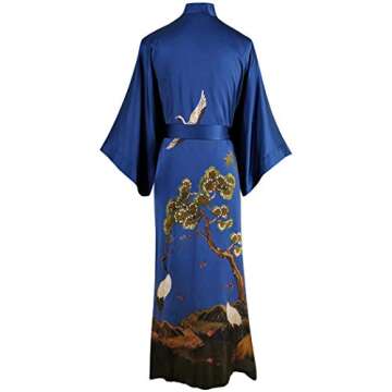 Ledamon Women's 100% Silk Kimono Long Robe - Classic Colors and Prints (Navy)