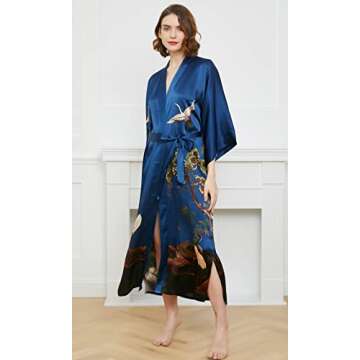 Ledamon Women's 100% Silk Kimono Robe - Elegant Navy Design