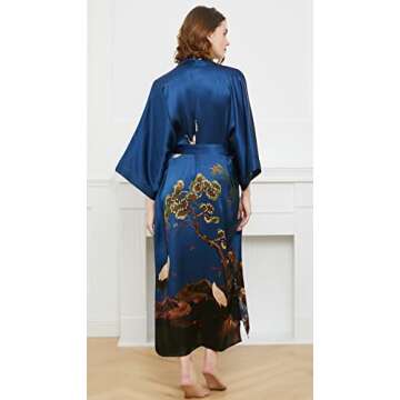 Ledamon Women's 100% Silk Kimono Robe - Elegant Navy Design