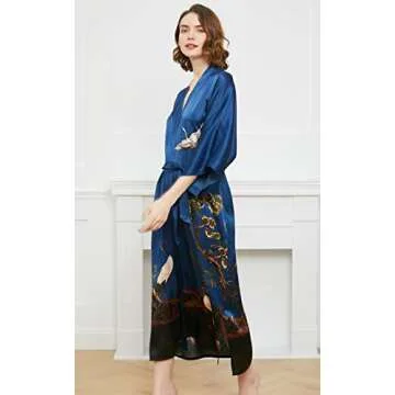 Ledamon Women's 100% Silk Kimono Robe - Elegant Navy Design