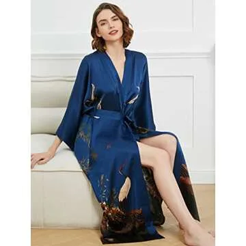 Ledamon Women's 100% Silk Kimono Robe - Elegant Navy Design