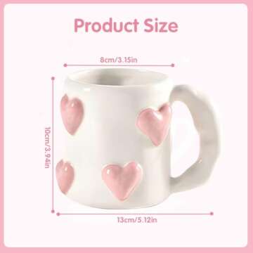 Cute 3D Heart Coffee Mug for Couples | 17oz Ceramic Gift