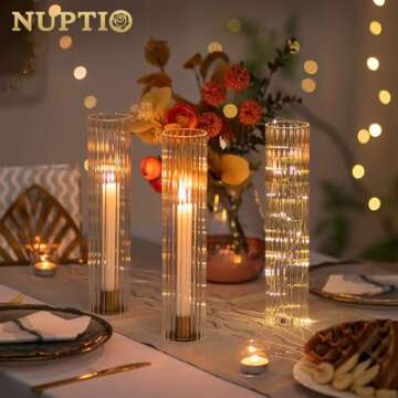 NUPTIO Hurricane Candle Holder for Wedding: 2.5 x 12 inches Ribbed Glass Shade for Candlestick - Bulk Decorative Bottomless Cylinder Taper Candle Cover for Outdoor Table Centerpiece