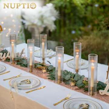 NUPTIO Hurricane Candle Holder for Wedding: 2.5 x 12 inches Ribbed Glass Shade for Candlestick - Bulk Decorative Bottomless Cylinder Taper Candle Cover for Outdoor Table Centerpiece