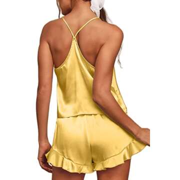 CHYRII Women's Sexy Cami Pajamas Sets Silk 2 PCS Lounge Sets with Ruffled Shorts Sleepwear Yellow S