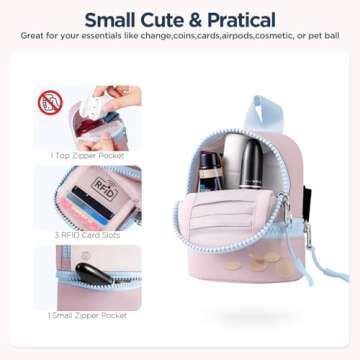 Babysun Mini Backpack Keychain Wristlet Pouch Small Change Coin Purse Cute Zipper Wallet With 3 RFID Card Slots For Women/Men Airpods Cosmetics (Pink Blue)