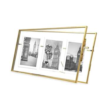 Isaac Jacobs 3-Photo Vintage Style Glass and Metal Floating Picture Frame (Horizontal) w/Locket Closure; (Fits 3 2x3 photos) for Photos, Art, & More, Tabletop Display (Three-2x3, Antique Gold)