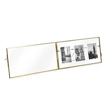 Isaac Jacobs 3-Photo Vintage Style Glass and Metal Floating Picture Frame (Horizontal) w/Locket Closure; (Fits 3 2x3 photos) for Photos, Art, & More, Tabletop Display (Three-2x3, Antique Gold)