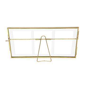 Isaac Jacobs 3-Photo Vintage Style Glass and Metal Floating Picture Frame (Horizontal) w/Locket Closure; (Fits 3 2x3 photos) for Photos, Art, & More, Tabletop Display (Three-2x3, Antique Gold)