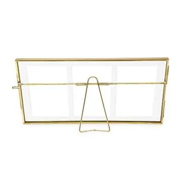 Isaac Jacobs 3-Photo Vintage Style Glass and Metal Floating Picture Frame (Horizontal) w/Locket Closure; (Fits 3 2x3 photos) for Photos, Art, & More, Tabletop Display (Three-2x3, Antique Gold)